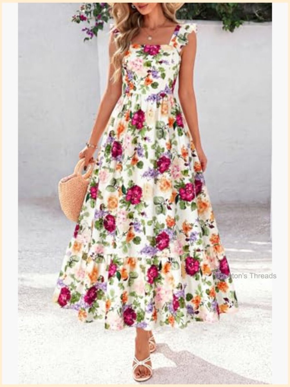 Ruffle Sleeve Square Neck Floral Boho Midi Dress Smocked Backless Tiered - Picture 2 of 7